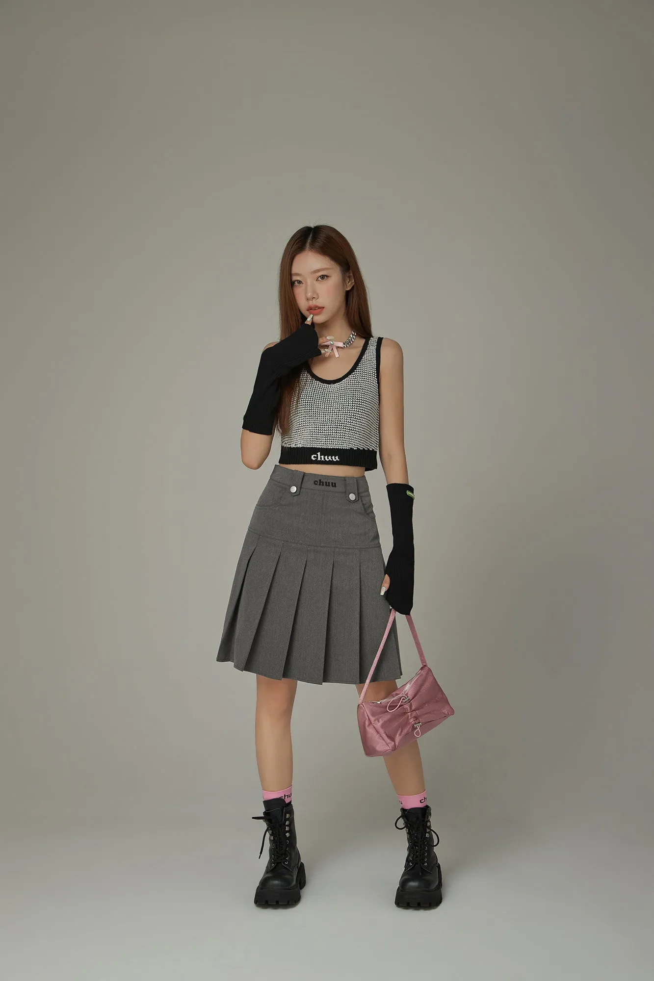 Logo Embroidered Pleated Skirt