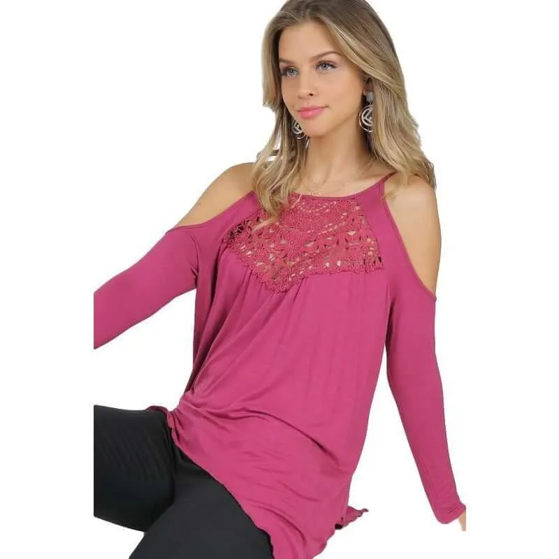 Long Sleeve Cold Shoulder Lace Detail Top