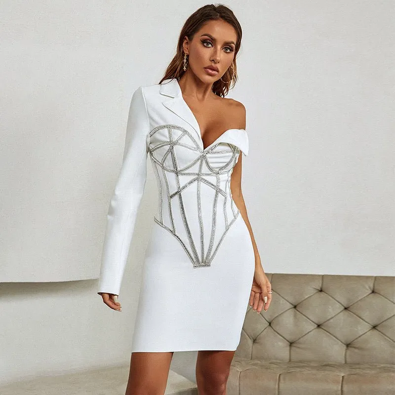 Lori White Bandage Dress-Asymmetrical One-Sleeve White Bandage Dress with Sweetheart Neckline and Diamanté Embellishments