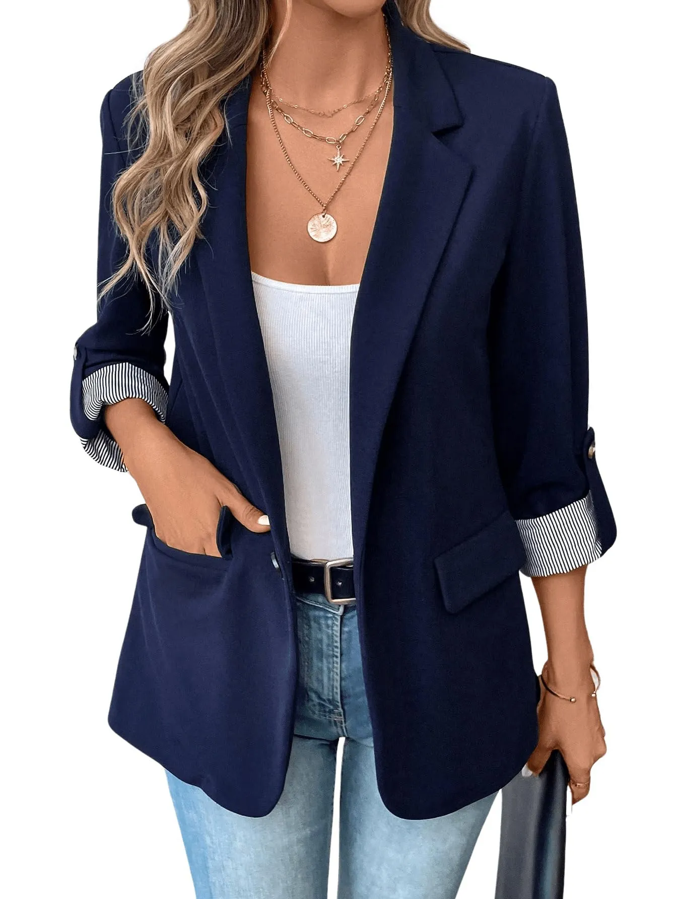 MakeMeChic Women's Roll Up Sleeve Single Button Office Blazer Lapel Neck Elegant Business Jacket Work Outerwear Blue X-Large