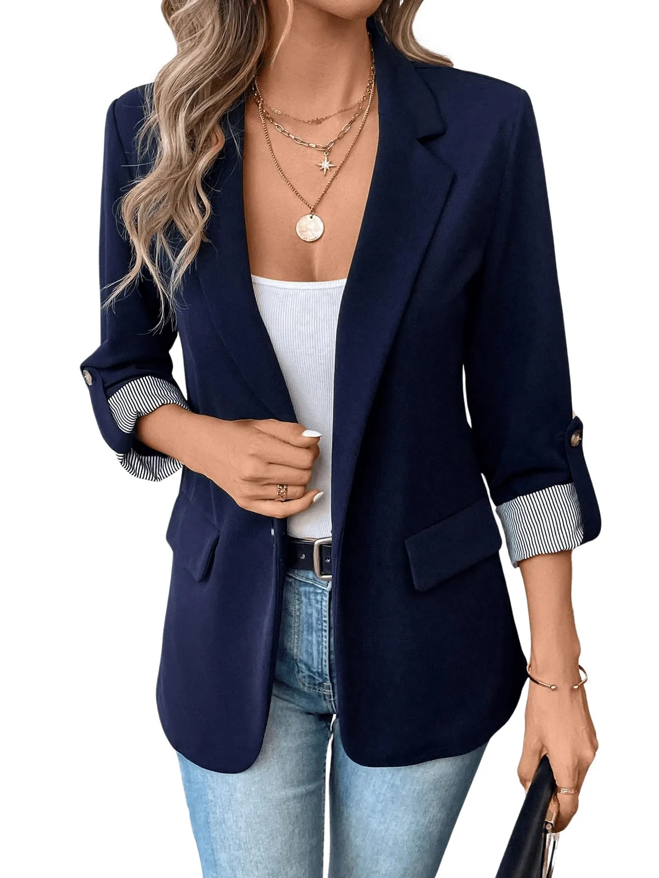 MakeMeChic Women's Roll Up Sleeve Single Button Office Blazer Lapel Neck Elegant Business Jacket Work Outerwear Blue X-Large