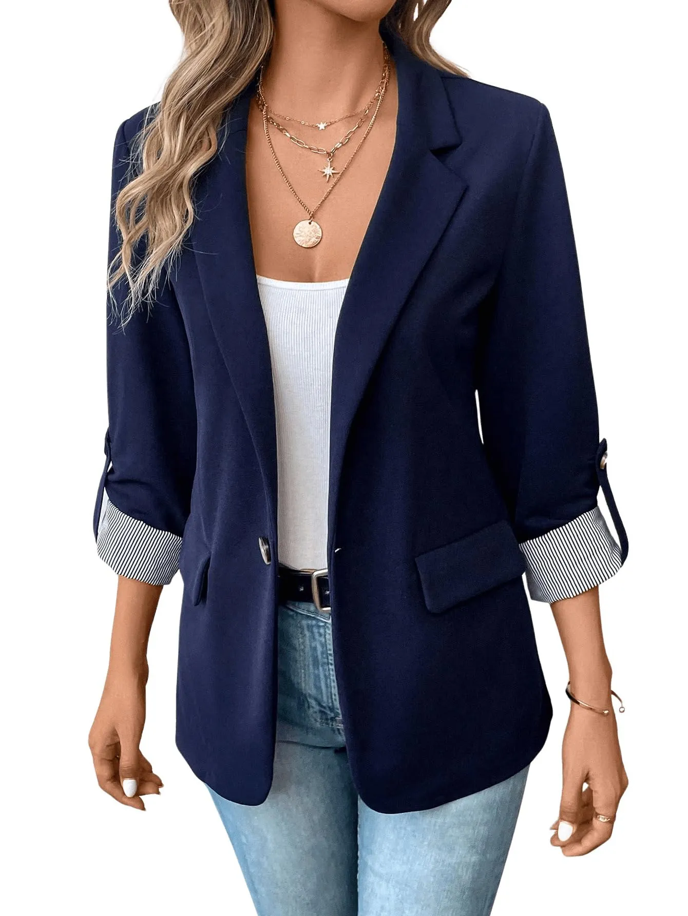 MakeMeChic Women's Roll Up Sleeve Single Button Office Blazer Lapel Neck Elegant Business Jacket Work Outerwear Blue X-Large