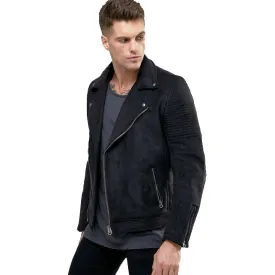 Men Black Pure Suede Leather Motorcycle Jacket