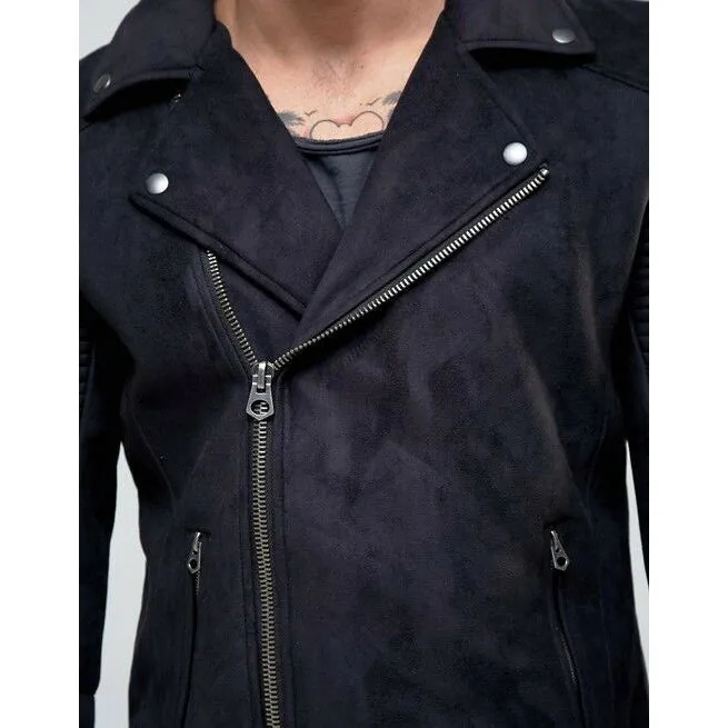 Men Black Pure Suede Leather Motorcycle Jacket