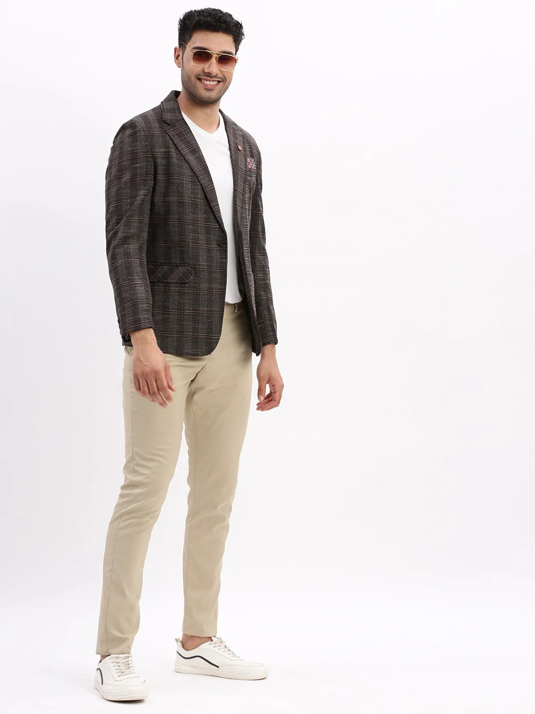 Men Checked Brown Single Breasted Blazer