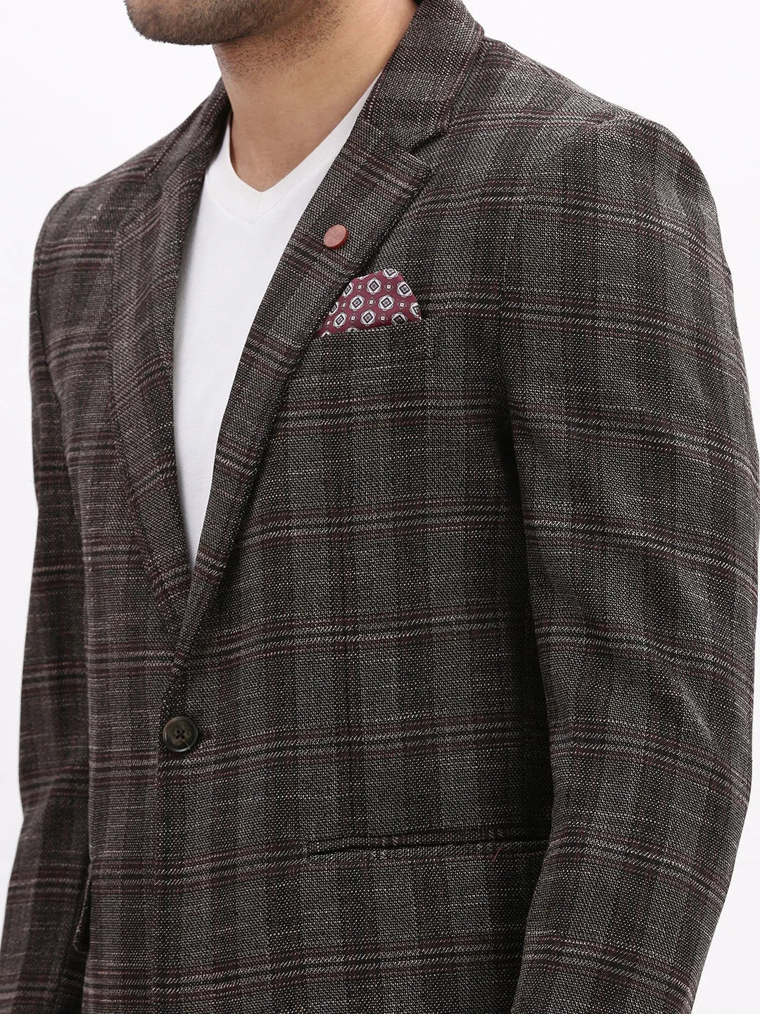 Men Checked Brown Single Breasted Blazer