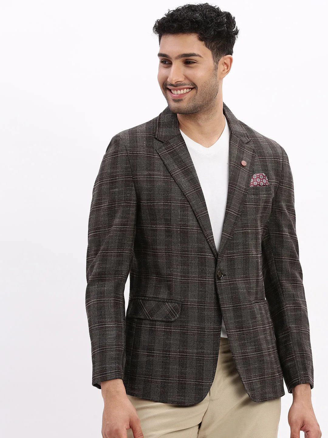 Men Checked Brown Single Breasted Blazer