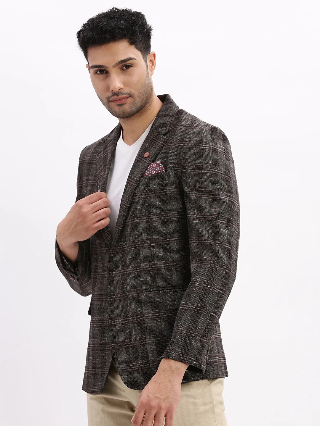 Men Checked Brown Single Breasted Blazer