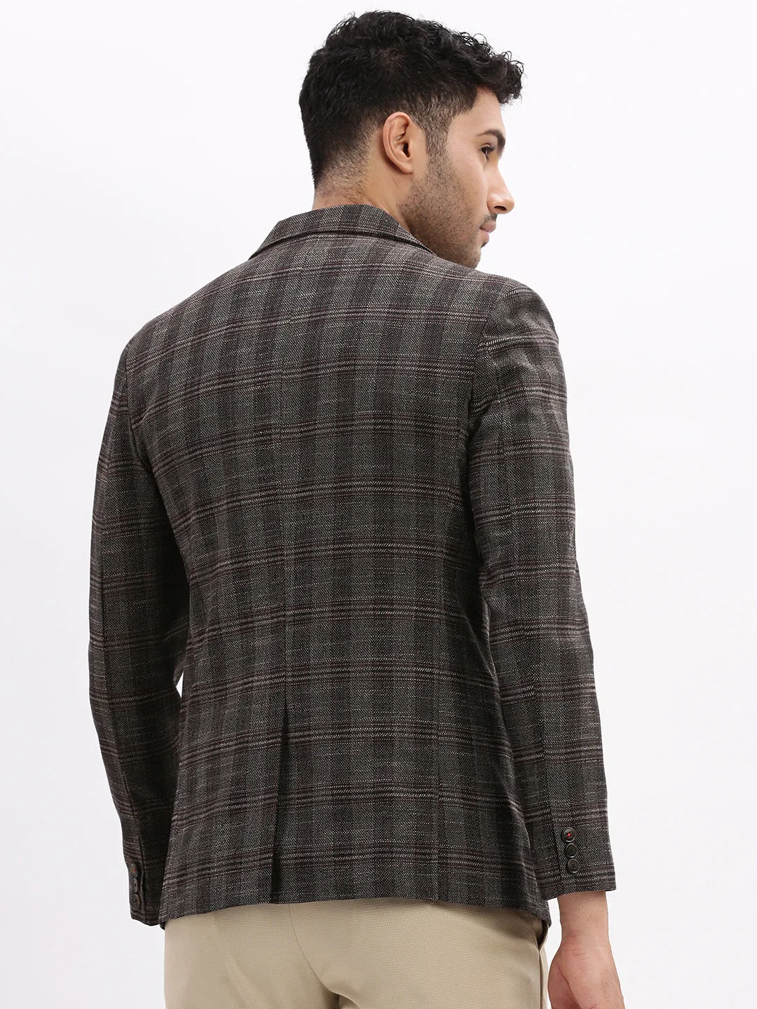 Men Checked Brown Single Breasted Blazer