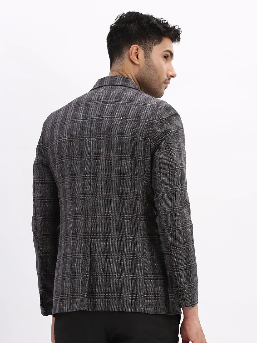 Men Checked Charcoal Single Breasted Blazer