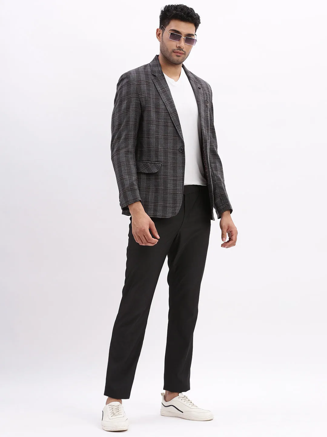 Men Checked Charcoal Single Breasted Blazer