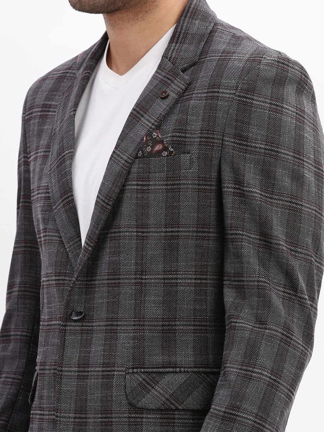 Men Checked Charcoal Single Breasted Blazer