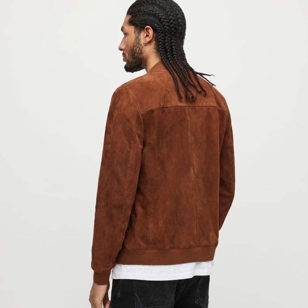 Men Classic Brown Suede Leather Bomber Jacket