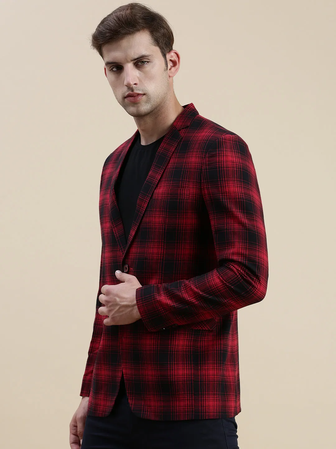 Men Red Checked Casual Blazer