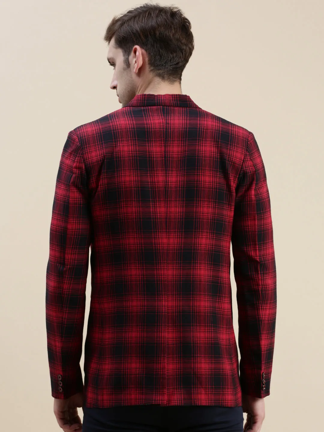 Men Red Checked Casual Blazer