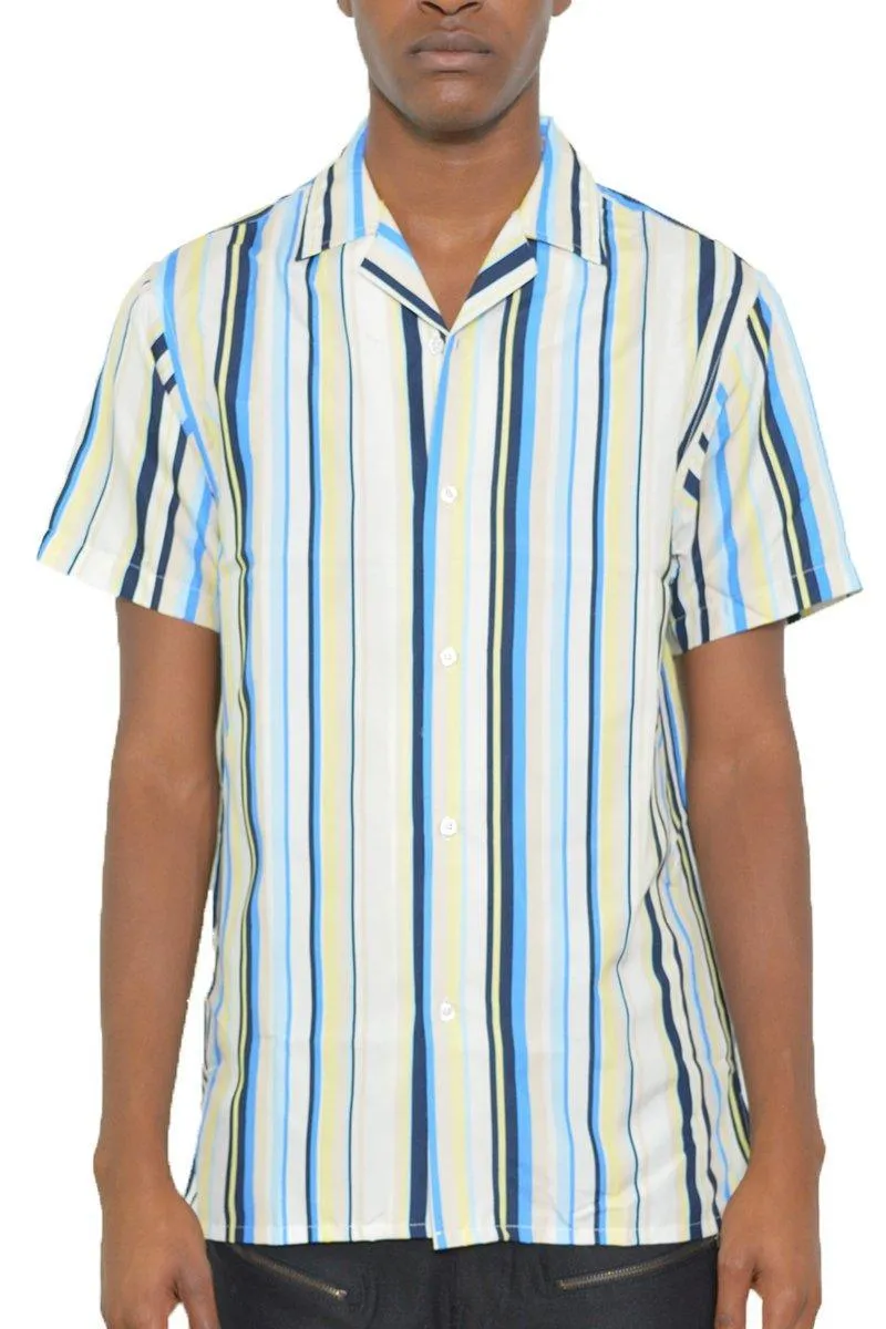 Mens Blue Yellow Striped Button Down Shirt