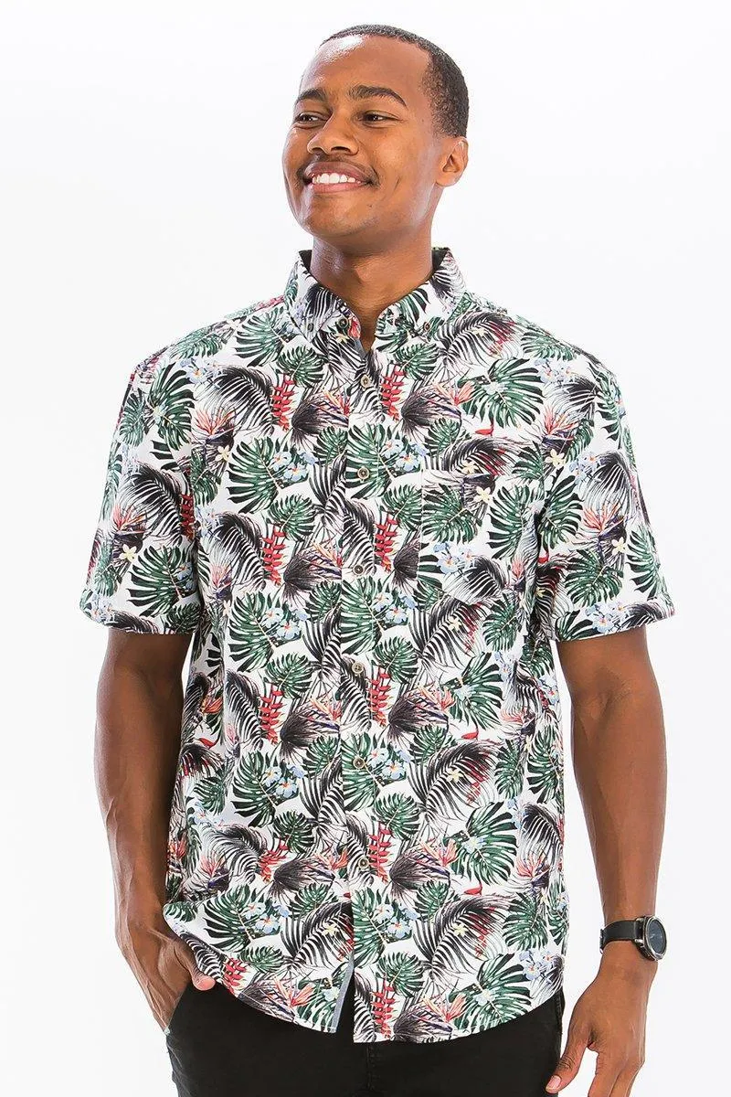 Mens Green Multi Palms Button Down Shirt Short Sleeve