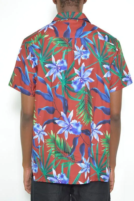 Men's Tropical Red Button Down Shirt Print