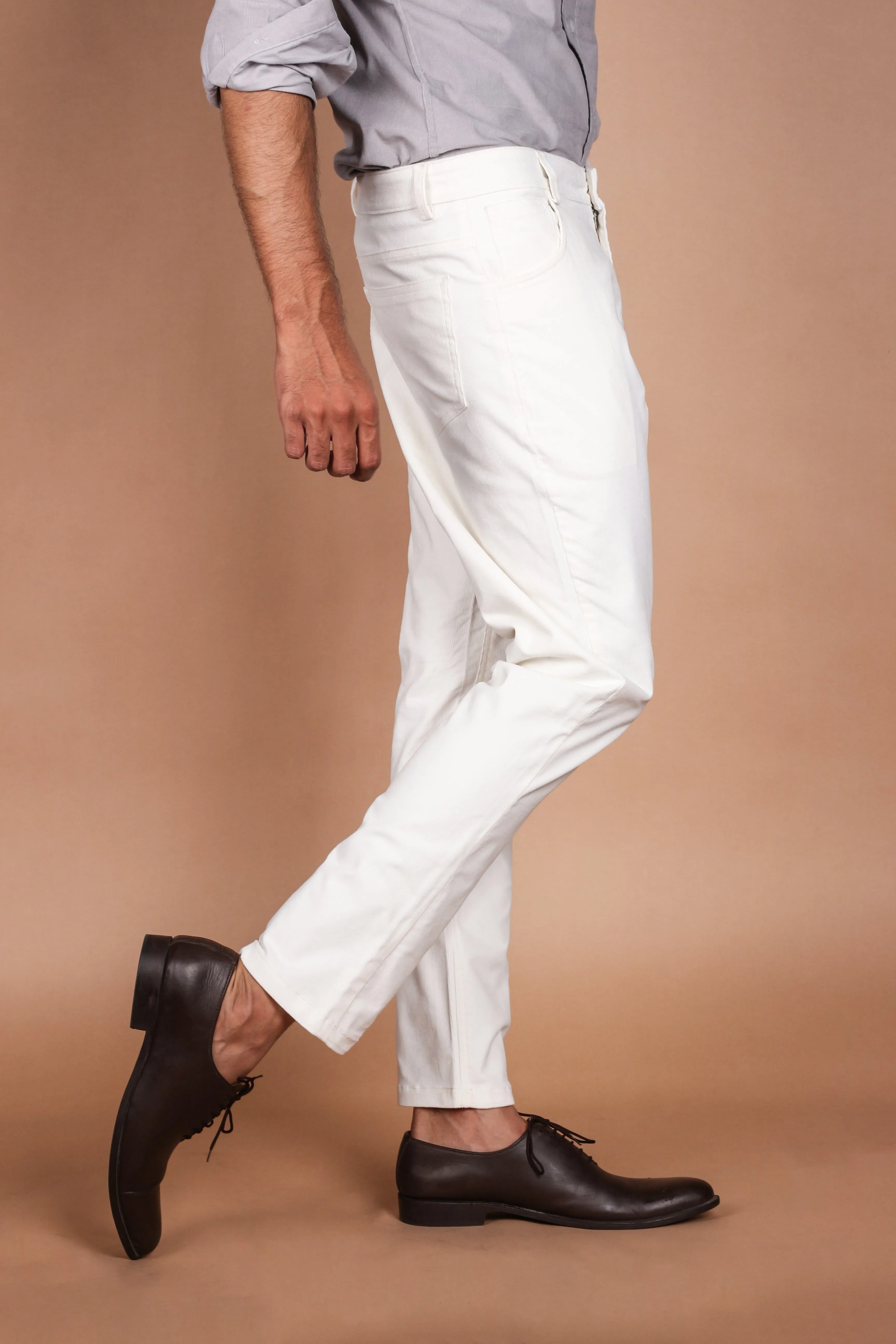 Milky White Five Pocket Corduroy Trousers