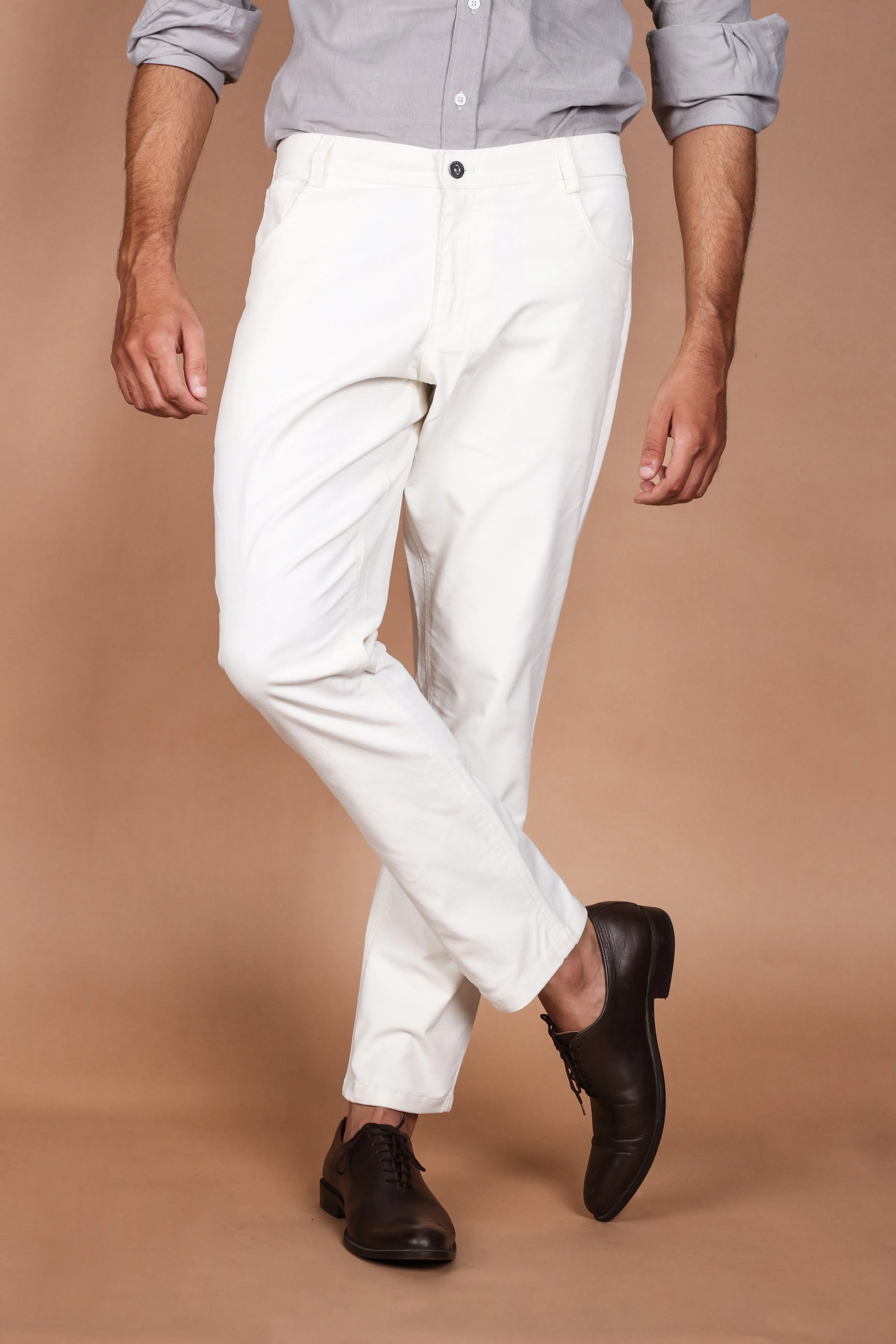 Milky White Five Pocket Corduroy Trousers