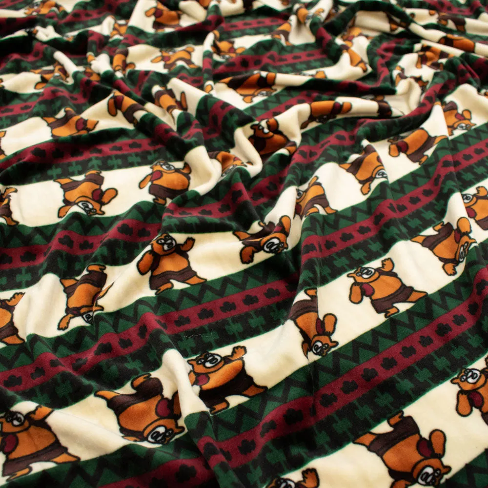 Printed Microfleece Ultra Wide 180cm Design-3 Bear on Green, Burgundy & Cream Stripes