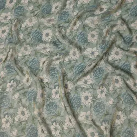 Sea Green Viscose Digital Printed Fabric with Metallic Finish and Floral Design, 110 cm Width-D21330