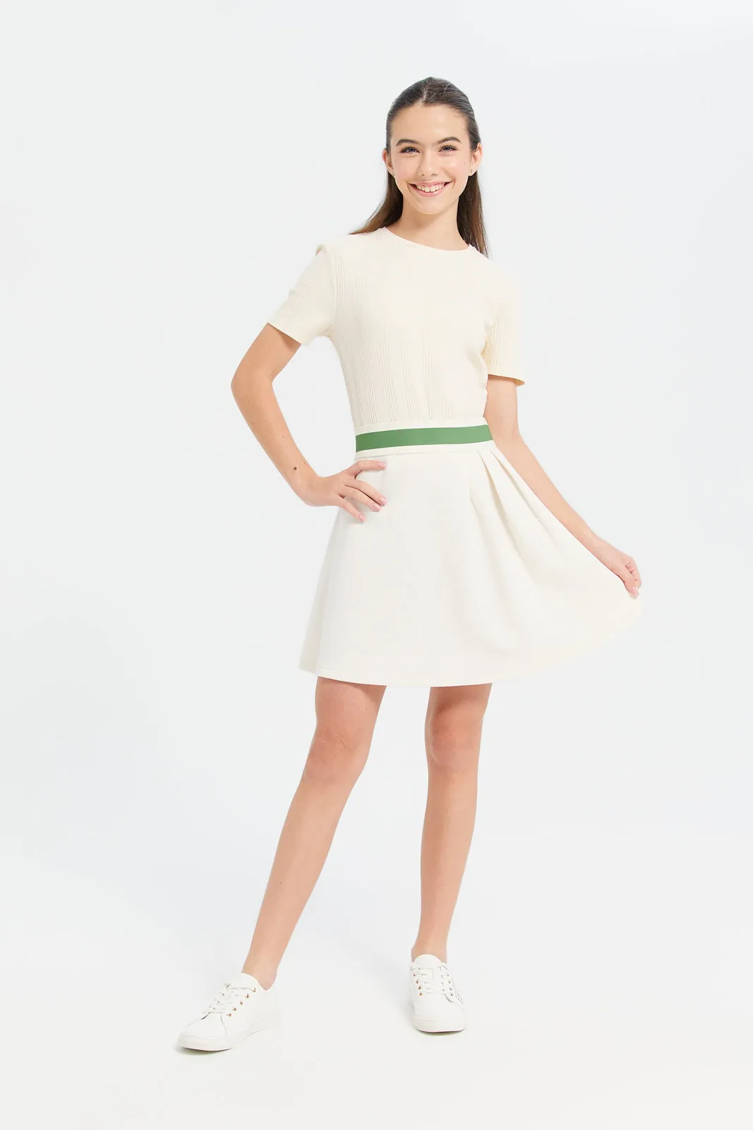 Senor Girls Cream Pleated Skater Skirts