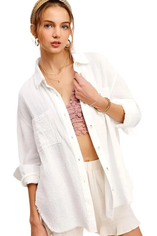 Soft Washed Crinkled Gauze Button Down Shirt