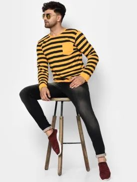 Stunning Yellow Striped Cotton Round Neck Tees For Men