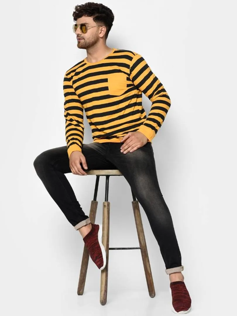 Stunning Yellow Striped Cotton Round Neck Tees For Men