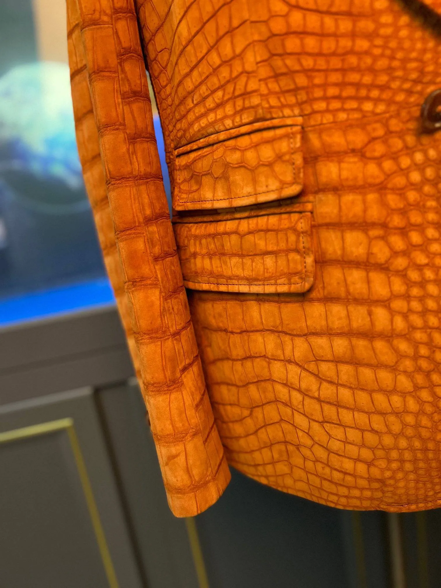 Stylish Orange Crocodile Skin Suede  Leather Suite Blazer