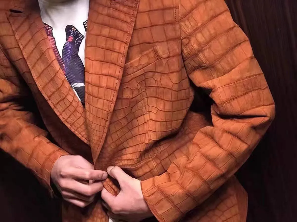 Stylish Orange Crocodile Skin Suede  Leather Suite Blazer