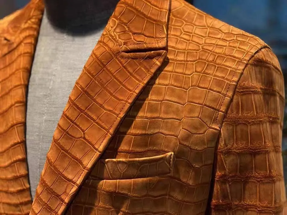 Stylish Orange Crocodile Skin Suede  Leather Suite Blazer