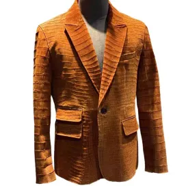 Stylish Orange Crocodile Skin Suede  Leather Suite Blazer