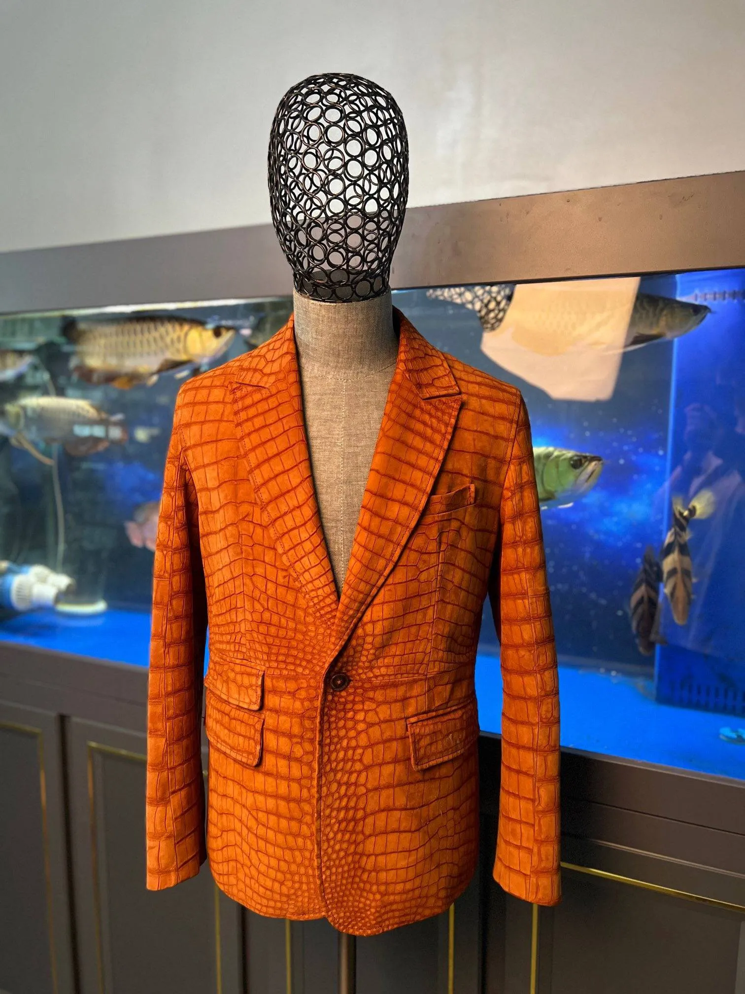 Stylish Orange Crocodile Skin Suede  Leather Suite Blazer