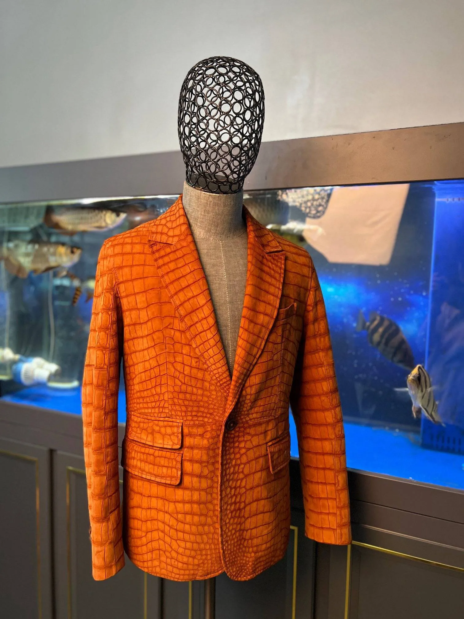 Stylish Orange Crocodile Skin Suede  Leather Suite Blazer