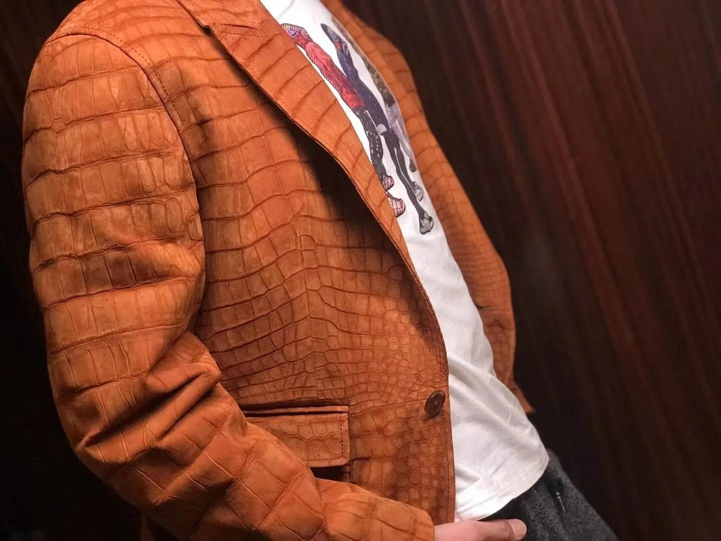 Stylish Orange Crocodile Skin Suede  Leather Suite Blazer