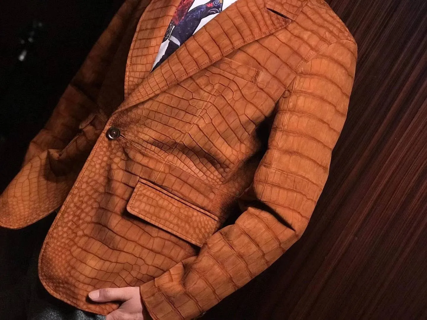 Stylish Orange Crocodile Skin Suede  Leather Suite Blazer