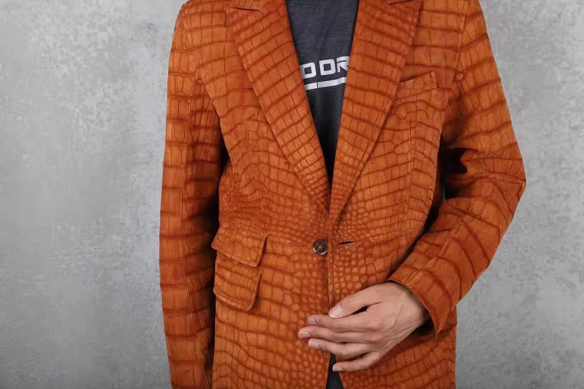 Stylish Orange Crocodile Skin Suede  Leather Suite Blazer