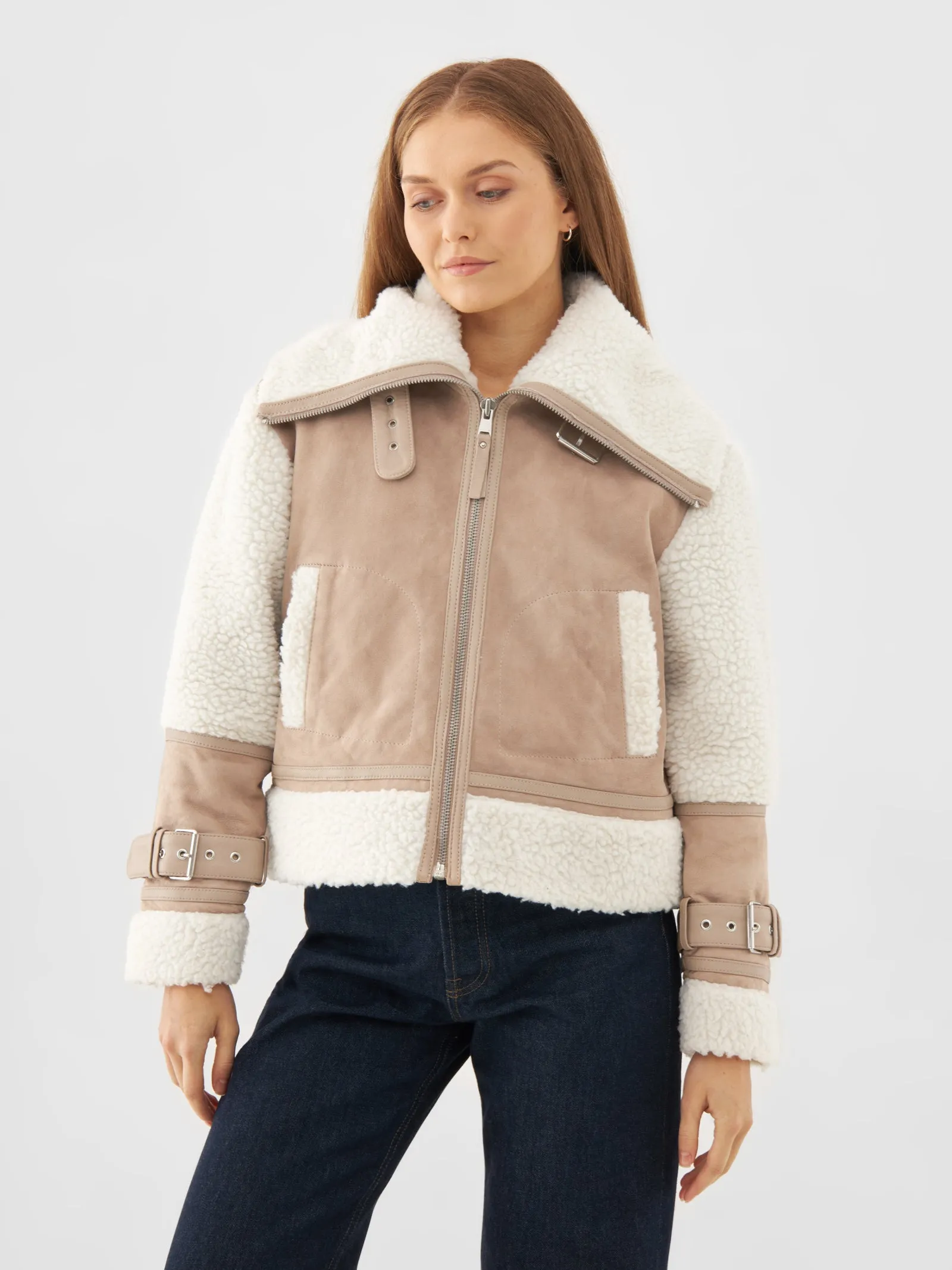 Suede Shearling Funnel Neck Jacket