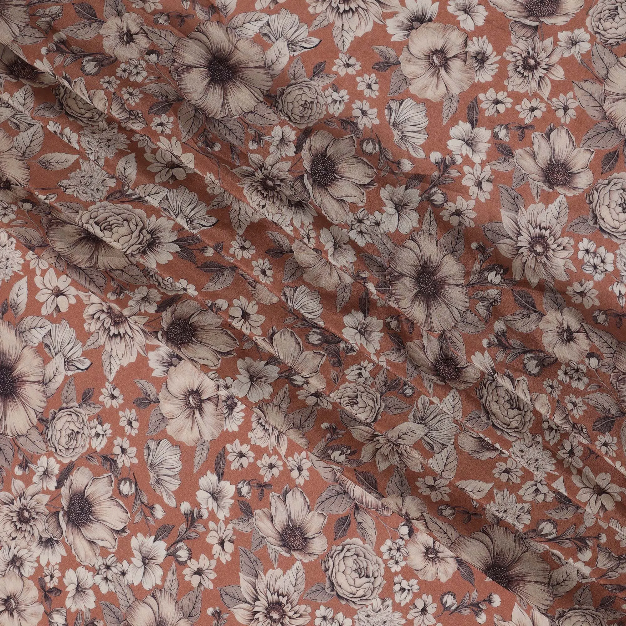 Terracotta Brown Viscose Digital Printed Fabric with Vintage Floral Design, 110 cm Width-D21317