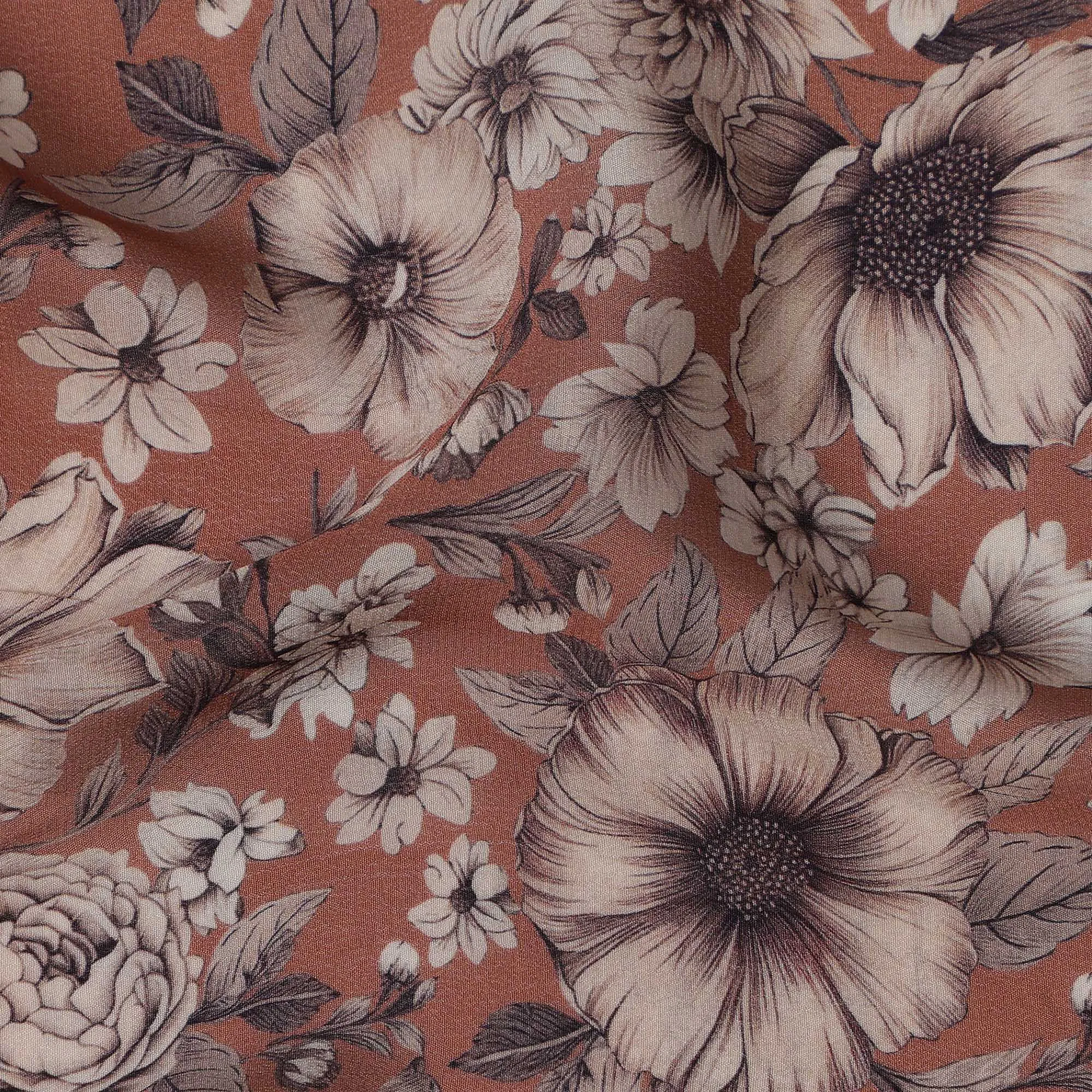 Terracotta Brown Viscose Digital Printed Fabric with Vintage Floral Design, 110 cm Width-D21317