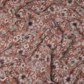 Terracotta Brown Viscose Digital Printed Fabric with Vintage Floral Design, 110 cm Width-D21317