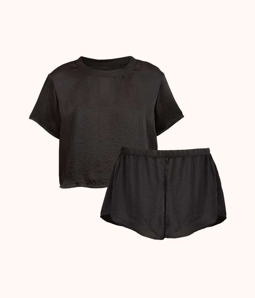 The Washable Matte Satin Tee & Short Bundle: Jet Black