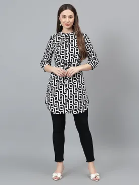 Women Black Printed Band Collar Casual Tunic