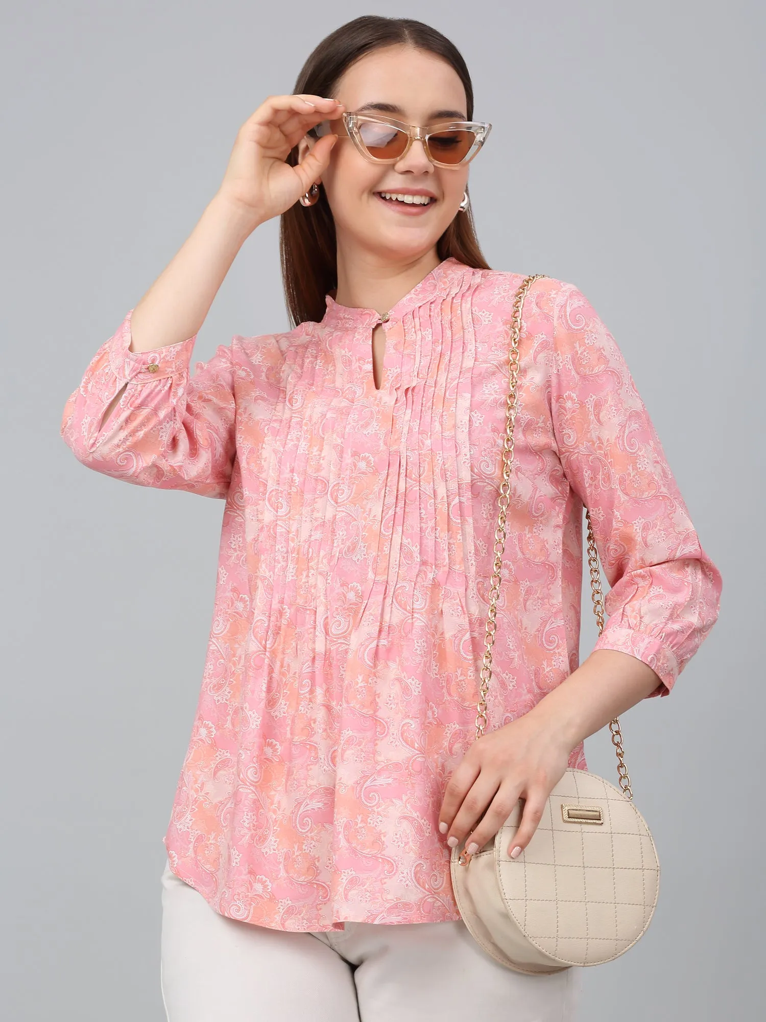 Women Pink Printed Mandarin Collar Casual Tunic