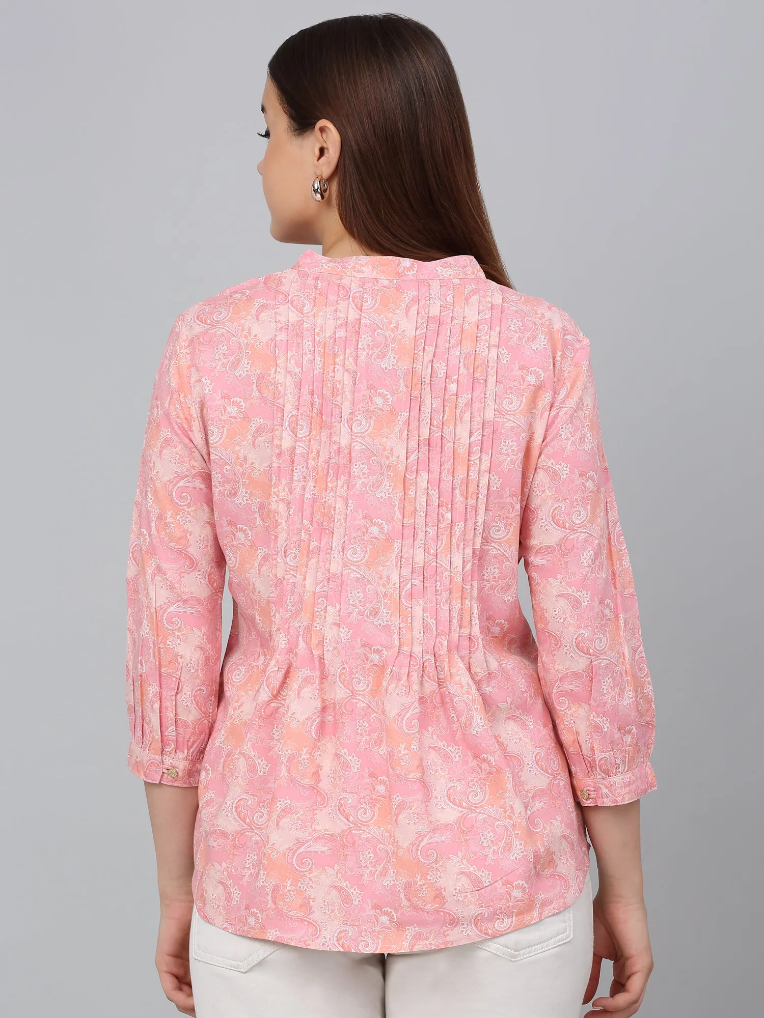 Women Pink Printed Mandarin Collar Casual Tunic