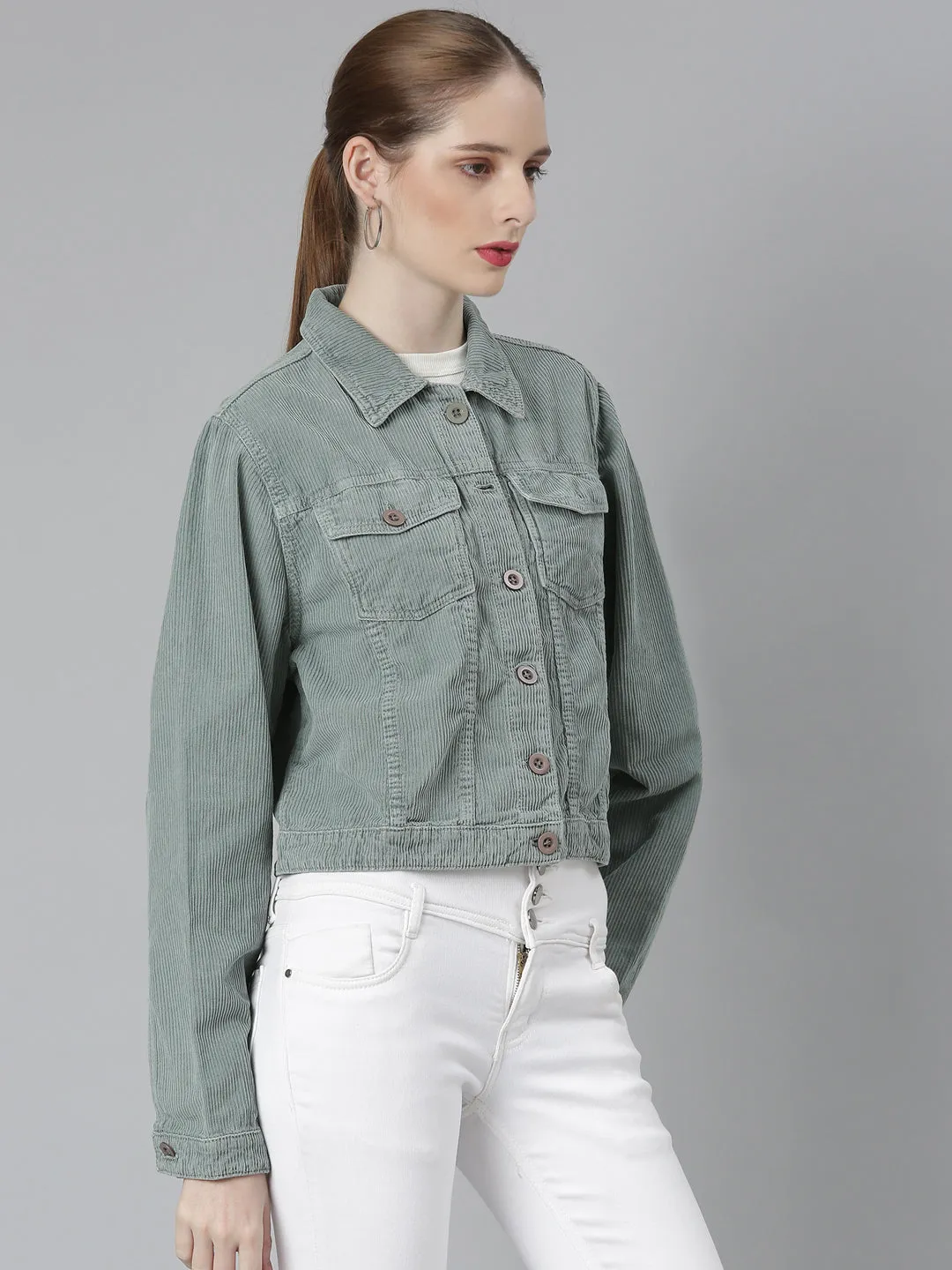 Women Sea Green Solid Tailored Jacket