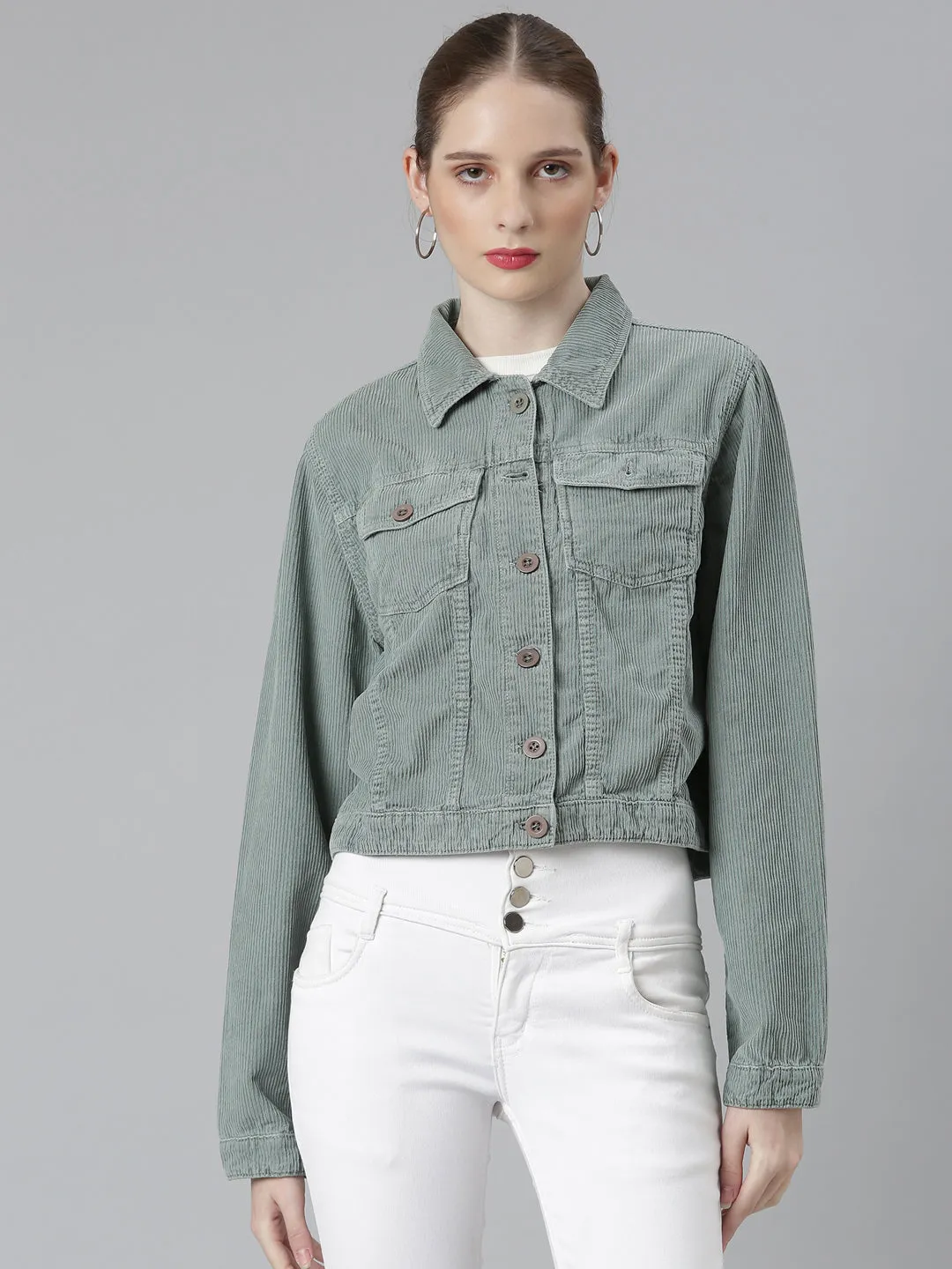 Women Sea Green Solid Tailored Jacket