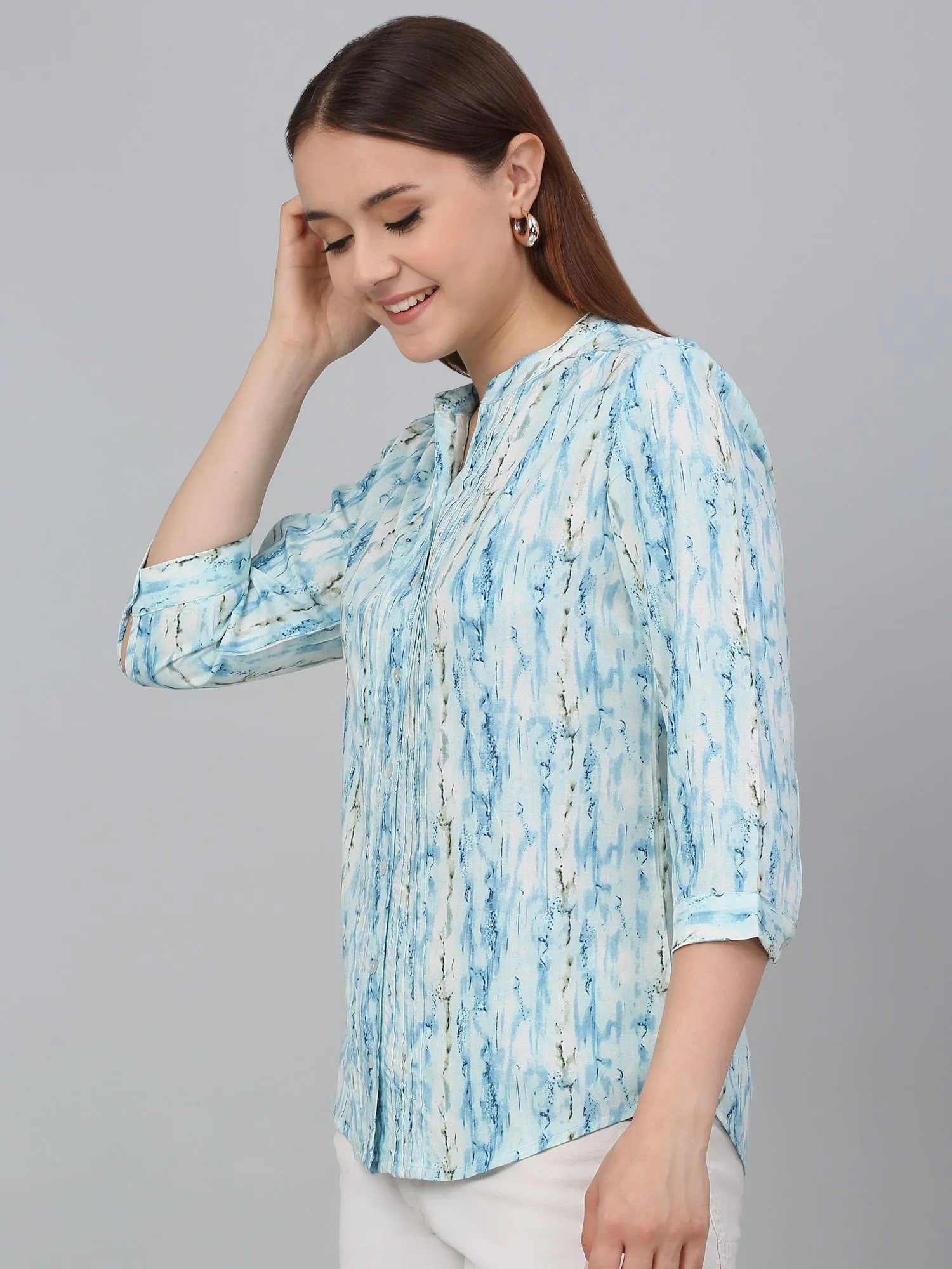 Women Sky Blue Printed Mandarin Collar Casual Tunic